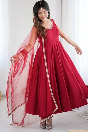 Women's Beautiful Roman Silk Chanderi Fabric Flared Anarkali Pant and Dupatta Set