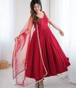 Women's Beautiful Roman Silk Chanderi Fabric Flared Anarkali Pant and Dupatta Set