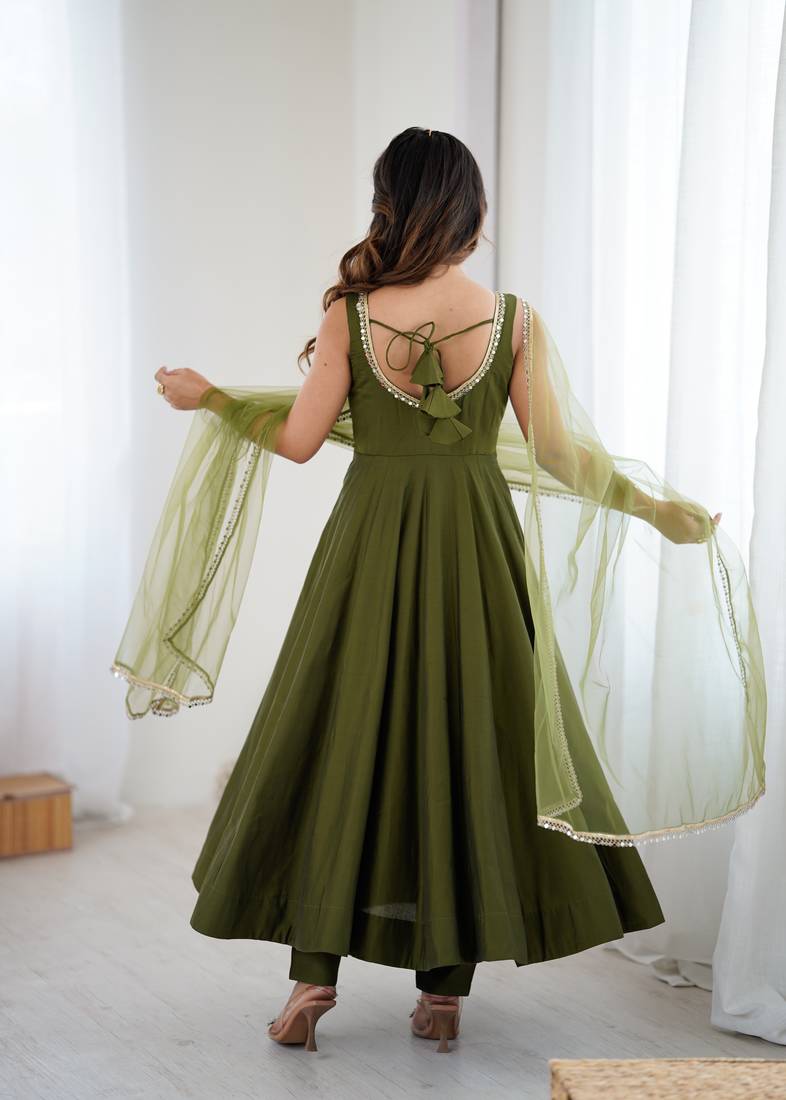 Women's Beautiful Roman Silk Chanderi Fabric Flared Anarkali Pant and Dupatta Set