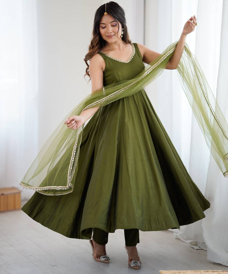 Women's Beautiful Roman Silk Chanderi Fabric Flared Anarkali Pant and Dupatta Set