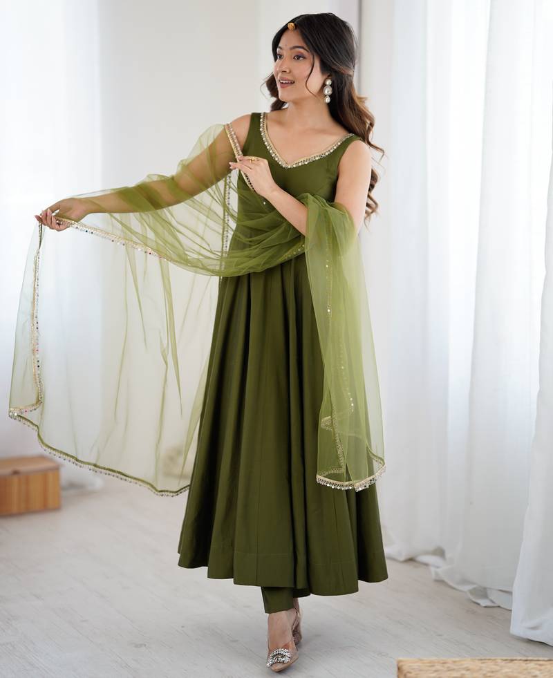 Women's Beautiful Roman Silk Chanderi Fabric Flared Anarkali Pant and Dupatta Set