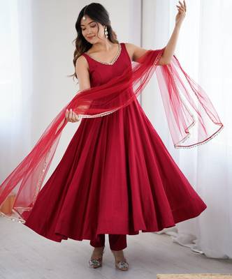 Women's Beautiful Roman Silk Chanderi Fabric Flared Anarkali Pant and Dupatta Set 4