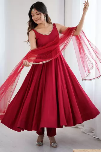 Women's Beautiful Roman Silk Chanderi Fabric Flared Anarkali Pant and Dupatta Set
