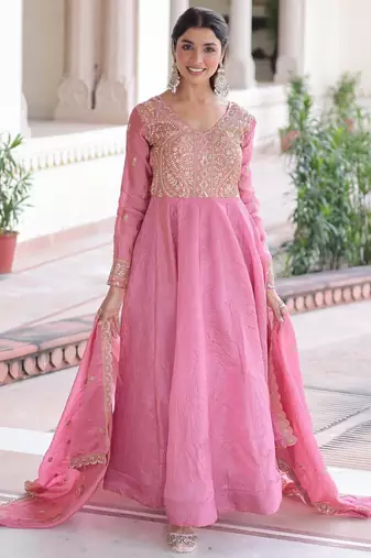 Pink silk readymade anarkali suit with sequin  & embroidery work