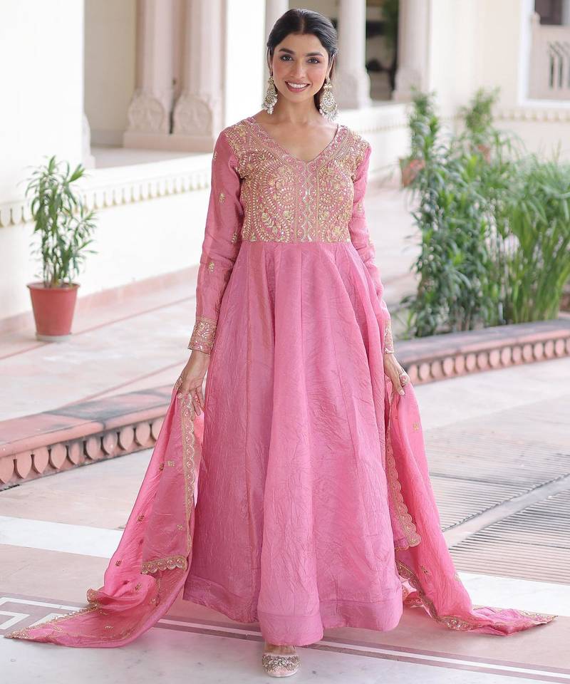 Pink silk readymade anarkali suit with sequin  & embroidery work