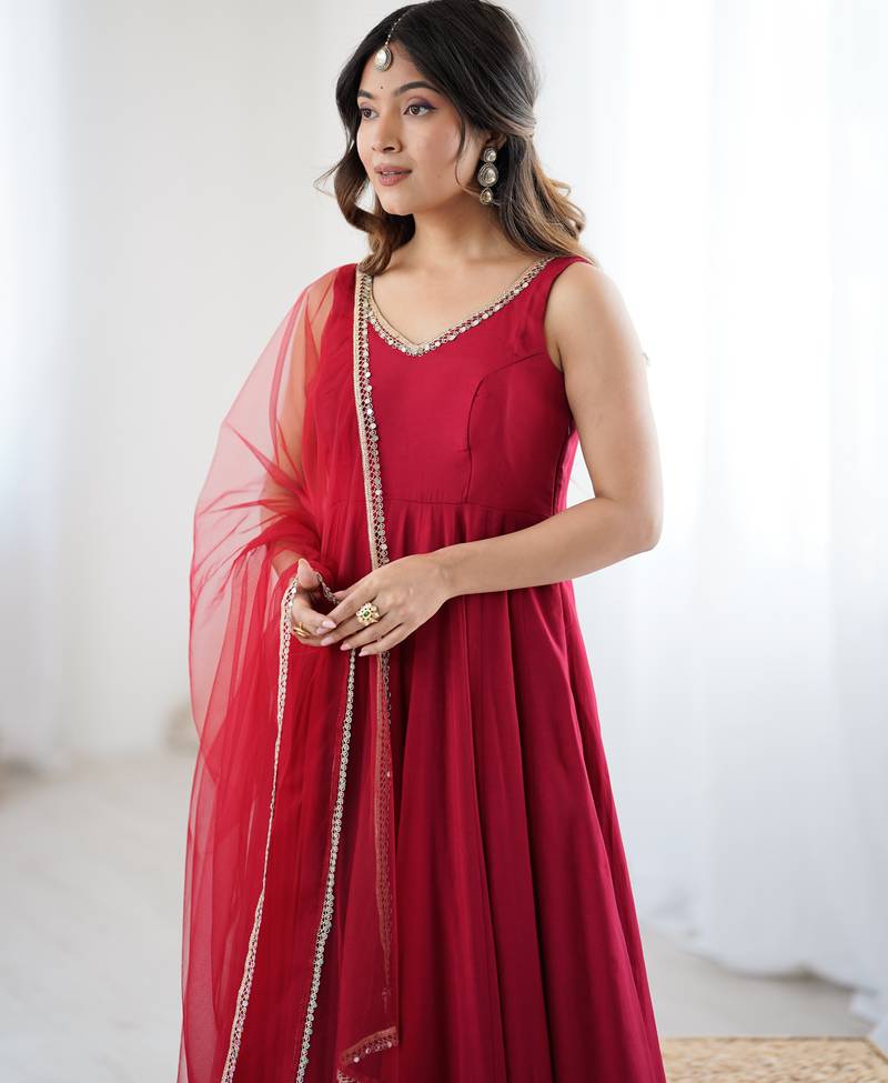 Women's Beautiful Roman Silk Chanderi Fabric Flared Anarkali Pant and Dupatta Set