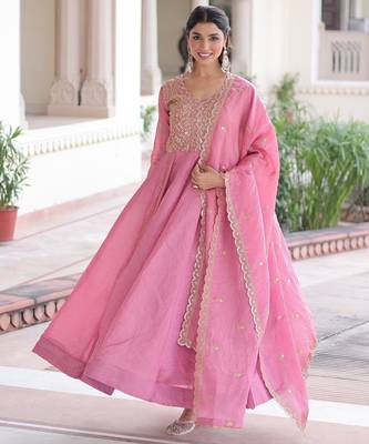 Pink silk readymade anarkali suit with sequin  & embroidery work 4
