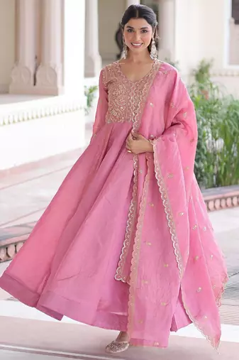 Pink silk readymade anarkali suit with sequin  & embroidery work