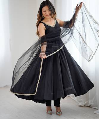 Women's Beautiful Roman Silk Chanderi Fabric Flared Anarkali Pant and Dupatta Set 4