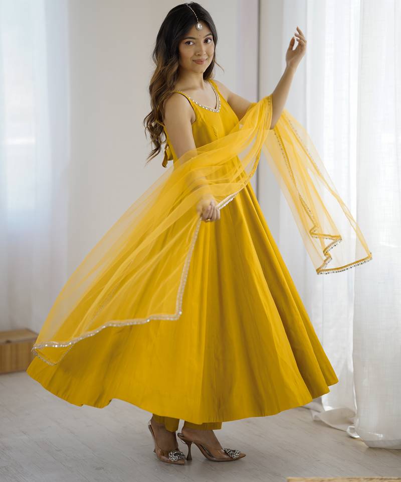 Women's Beautiful Roman Silk Chanderi Fabric Flared Anarkali Pant and Dupatta Set