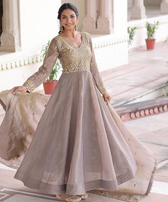 Grey silk readymade anarkali suit with sequin  & embroidery work 1