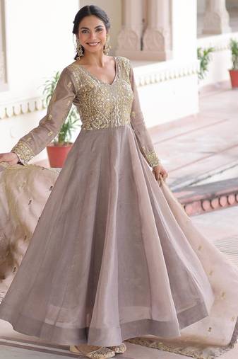 Grey silk readymade anarkali suit with sequin  & embroidery work
