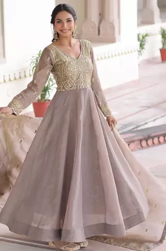 Grey silk readymade anarkali suit with sequin  & embroidery work