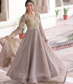 Grey silk readymade anarkali suit with sequin  & embroidery work