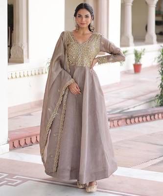 Grey silk readymade anarkali suit with sequin  & embroidery work 3