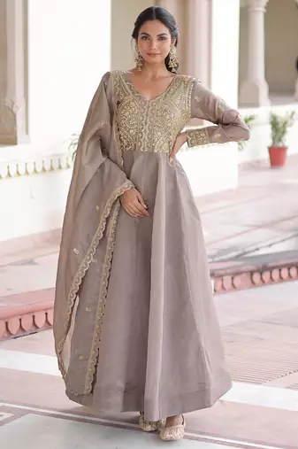 Grey silk readymade anarkali suit with sequin  & embroidery work
