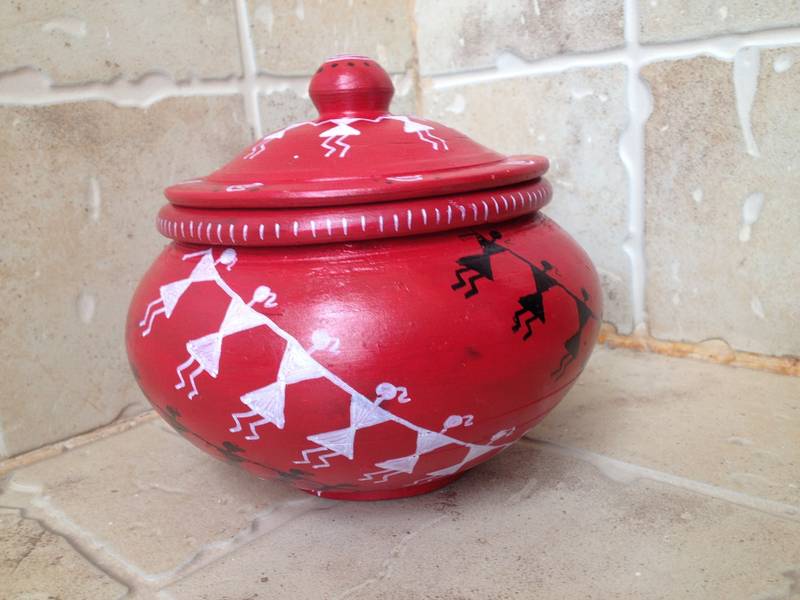 Red, Black and White Handmade Hand Painted Terra Cotta Utility Bowl + Lid with Warli design