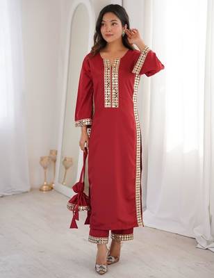 Maroon crepe readymade suit with real mirror & embroidery work 1