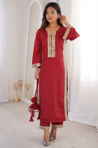 Maroon crepe readymade suit with real mirror & embroidery work