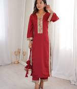 Maroon crepe readymade suit with real mirror & embroidery work