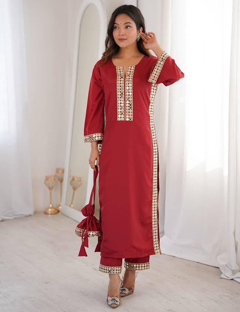 Maroon crepe readymade suit with real mirror & embroidery work