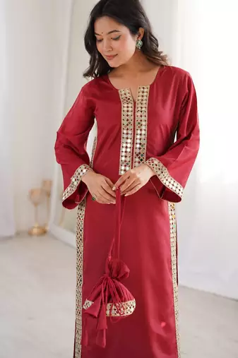 Maroon crepe readymade suit with real mirror & embroidery work