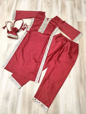 Maroon crepe readymade suit with real mirror & embroidery work 3