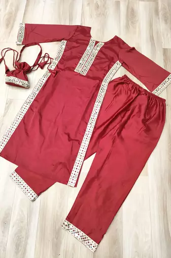 Maroon crepe readymade suit with real mirror & embroidery work