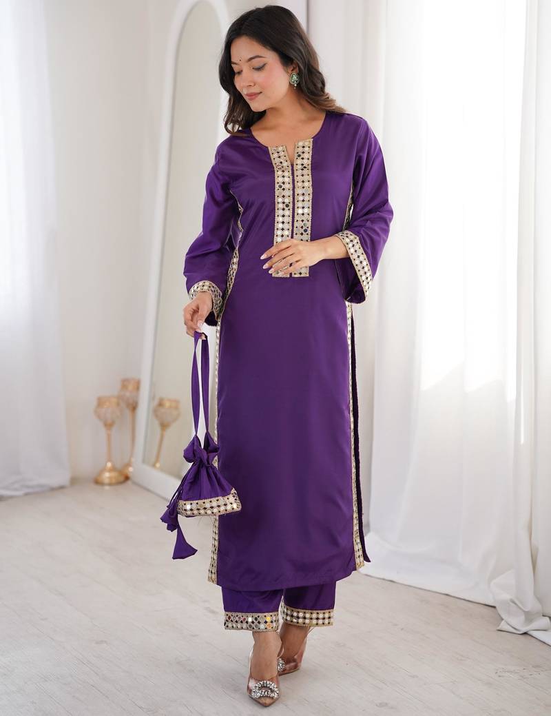 Violet crepe readymade suit with real mirror & embroidery work