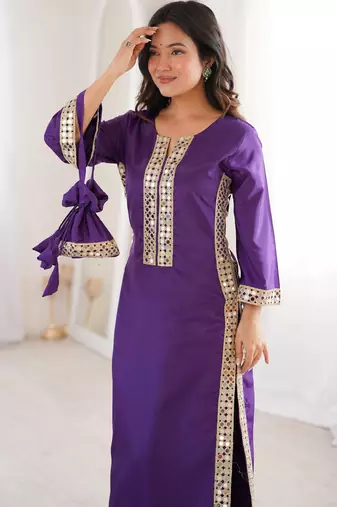 Violet crepe readymade suit with real mirror & embroidery work