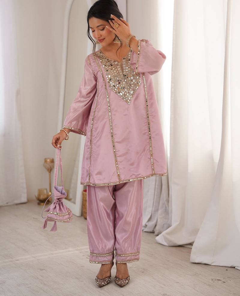Lavender silk readymade suit with real mirror & embroidery work