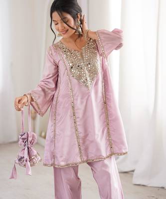 Lavender silk readymade suit with real mirror & embroidery work 2