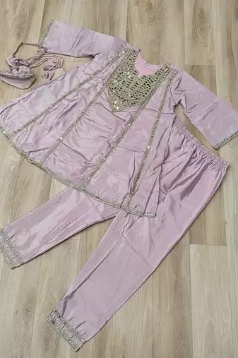Lavender silk readymade suit with real mirror & embroidery work