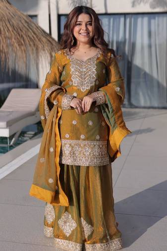 Mehendi chiffon readymade suit with real mirror & embroidery work