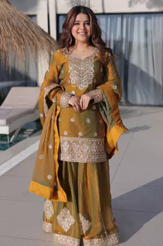 Mehendi chiffon readymade suit with real mirror & embroidery work