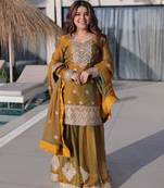 Mehendi chiffon readymade suit with real mirror & embroidery work