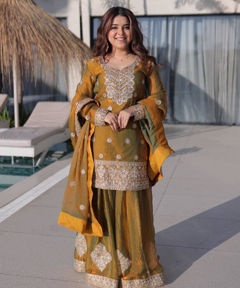 Mehendi chiffon readymade suit with real mirror & embroidery work