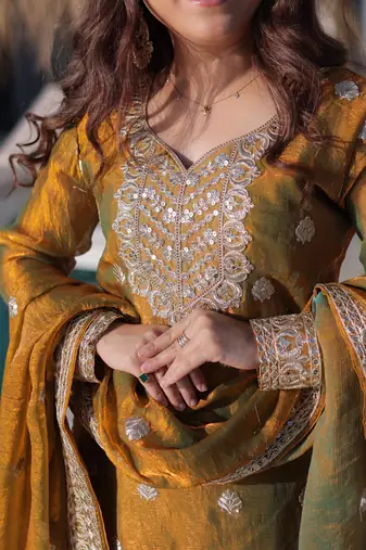Mehendi chiffon readymade suit with real mirror & embroidery work