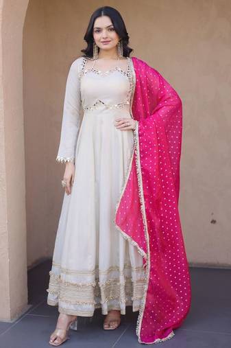 Pink&beige silk readymade anarkali suit with mirror & embroidery work