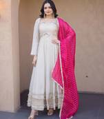 Pink&beige silk readymade anarkali suit with mirror & embroidery work