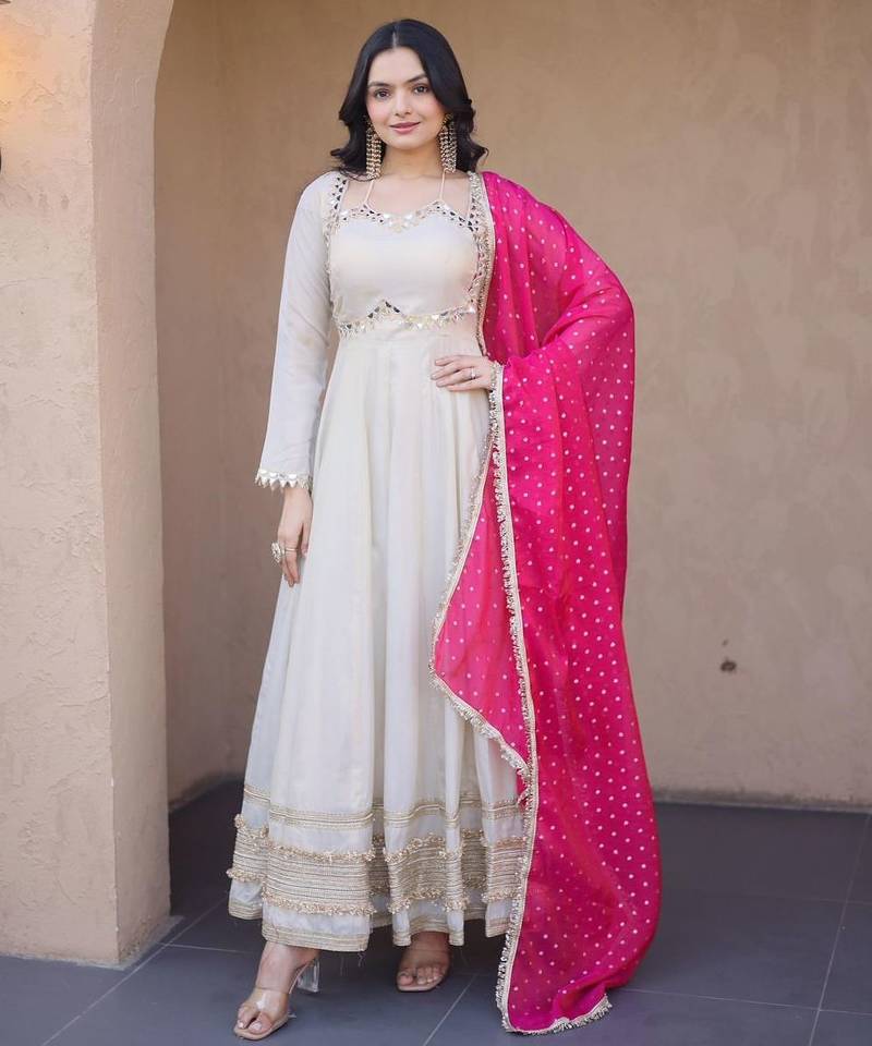 Pink&beige silk readymade anarkali suit with mirror & embroidery work