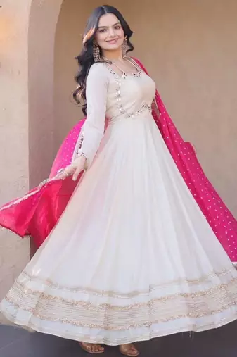 Pink&beige silk readymade anarkali suit with mirror & embroidery work