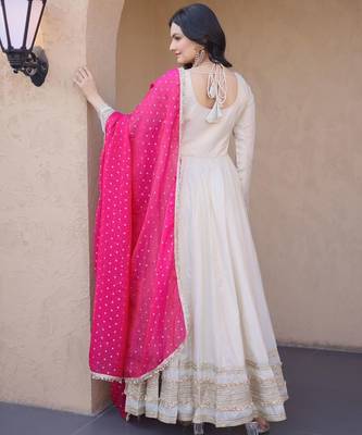 Pink&beige silk readymade anarkali suit with mirror & embroidery work 4