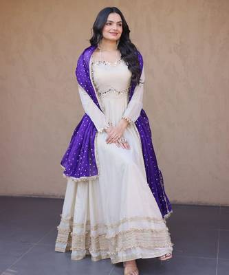 Violet&beige silk readymade anarkali suit with mirror & embroidery work 1