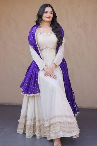 Violet&beige silk readymade anarkali suit with mirror & embroidery work