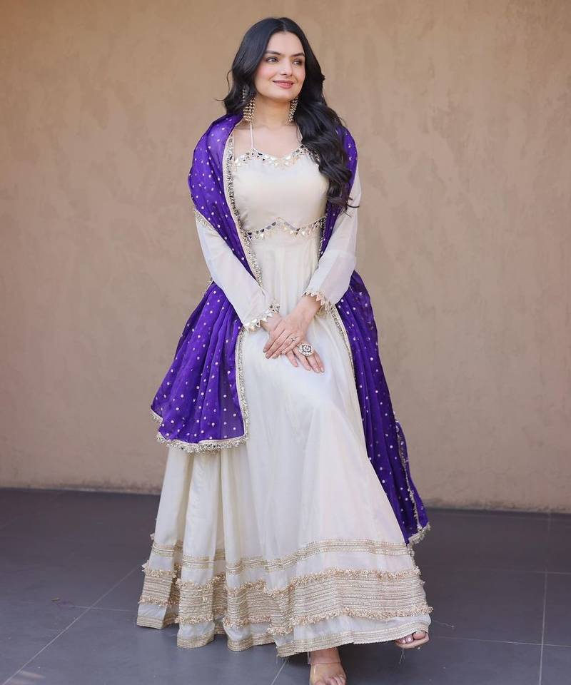 Violet&beige silk readymade anarkali suit with mirror & embroidery work