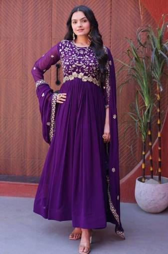 Violet faux georgette readymade anarkali suit with sequin  & embroidery work