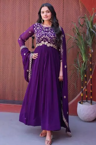 Violet faux georgette readymade anarkali suit with sequin  & embroidery work