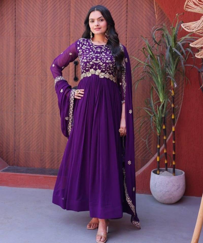 Violet faux georgette readymade anarkali suit with sequin  & embroidery work