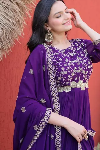 Violet faux georgette readymade anarkali suit with sequin  & embroidery work